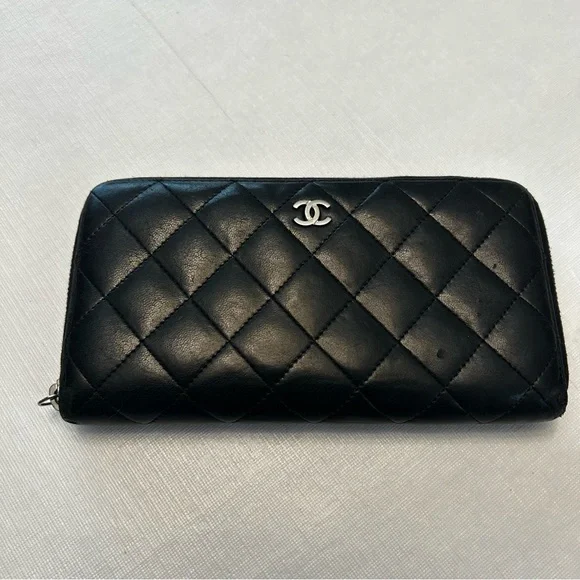 Authentic Chanel Lambskin Leather Quilted Black ZIP Around Wallet S# 20269630 - Picture 1 of 13